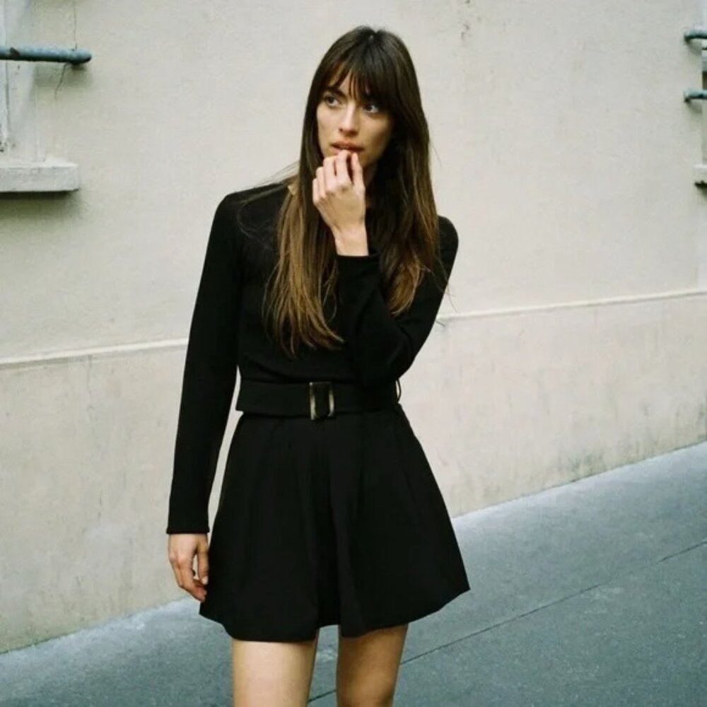 ♠️ ZARA Combination Belted Dress Sweater Dress in Black Large L